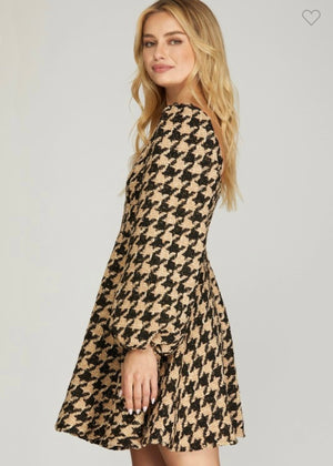 Black/Taupe Houndstooth Dress
