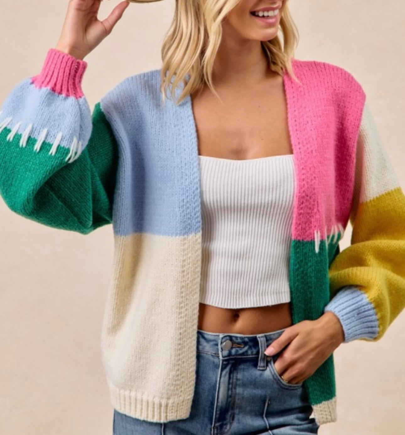 Green/Pink ColorBlock Cardigan