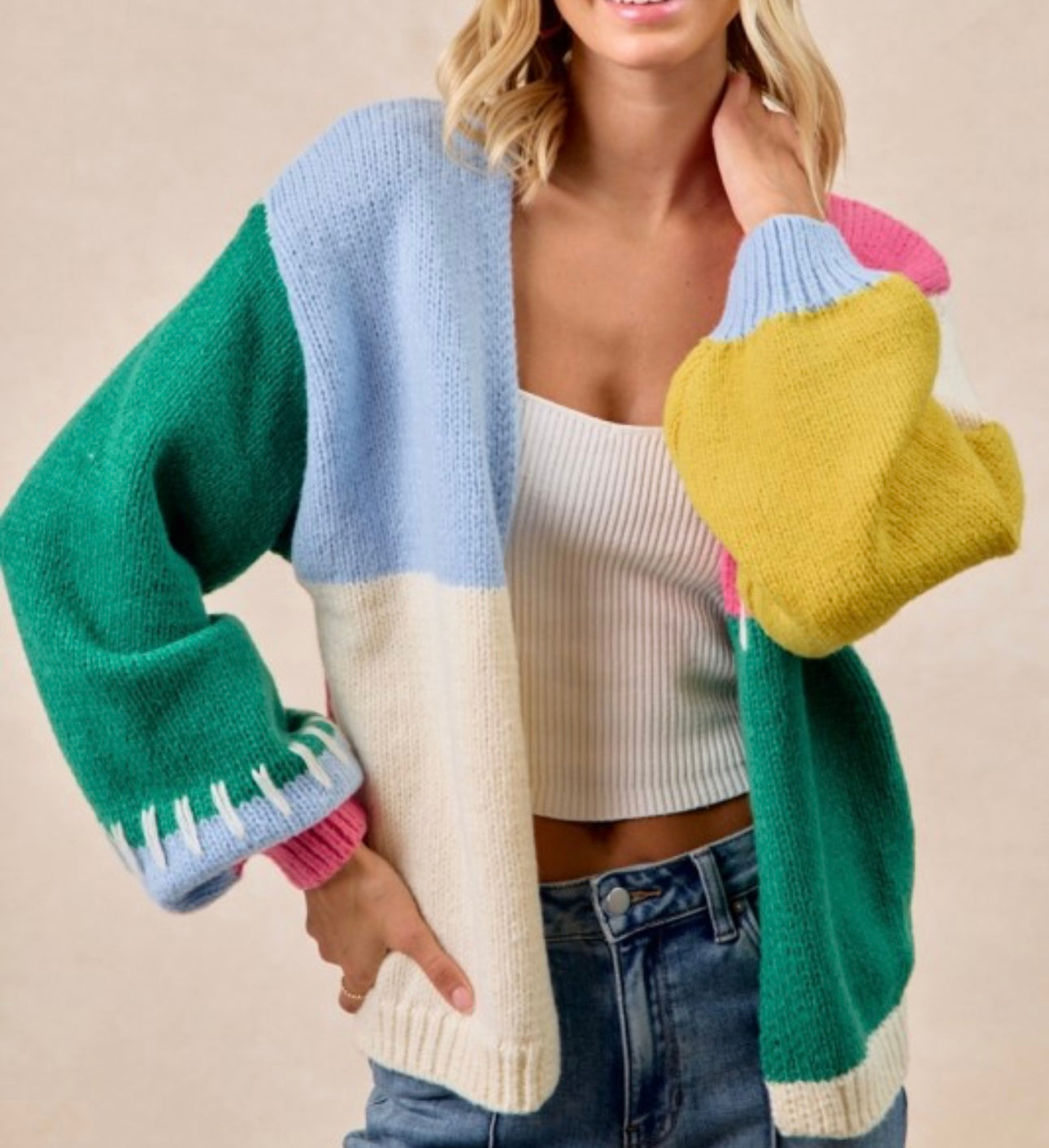 Green/Pink ColorBlock Cardigan
