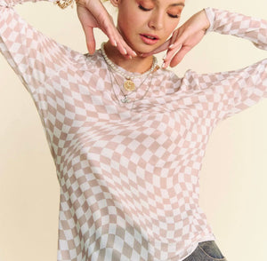 Taupe Checkered Sheer Top