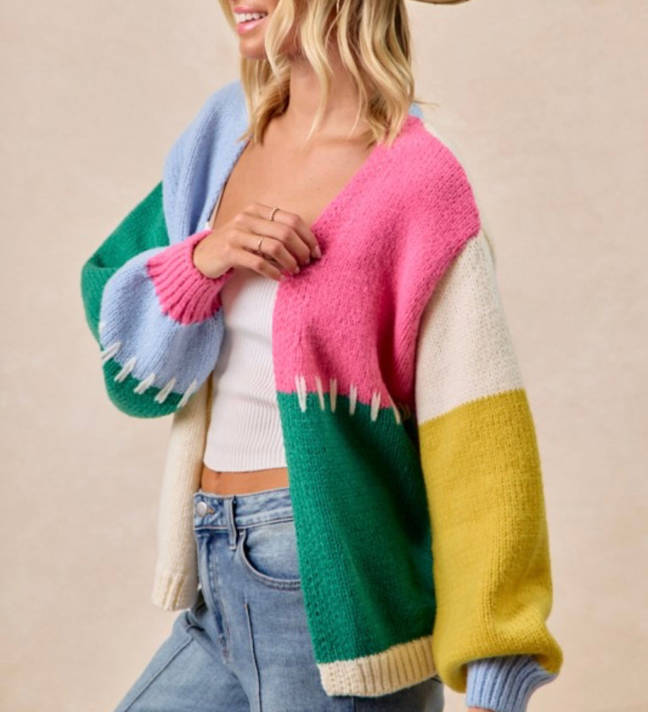 Green/Pink ColorBlock Cardigan