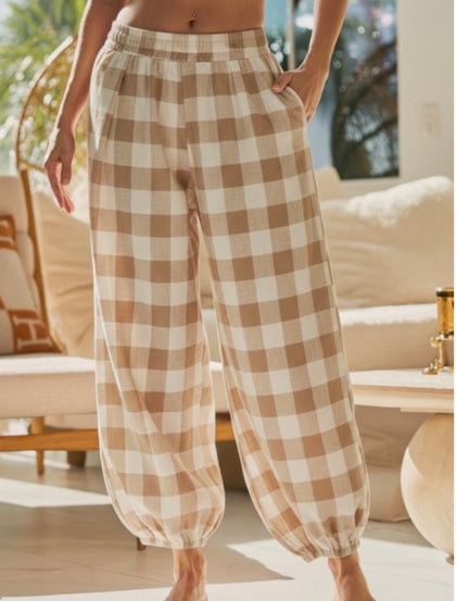 Taupe/White Gingham Pants