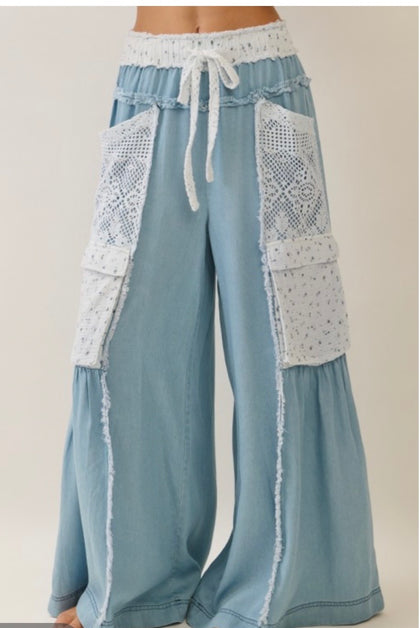 Lace Overlay Chambray Wide Leg Pants