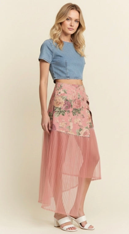 Denim Floral Mesh Skirt