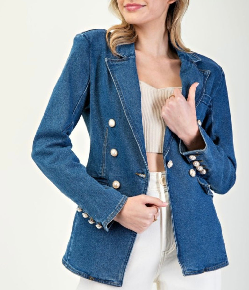 Denim Blazer with Pearl Buttons