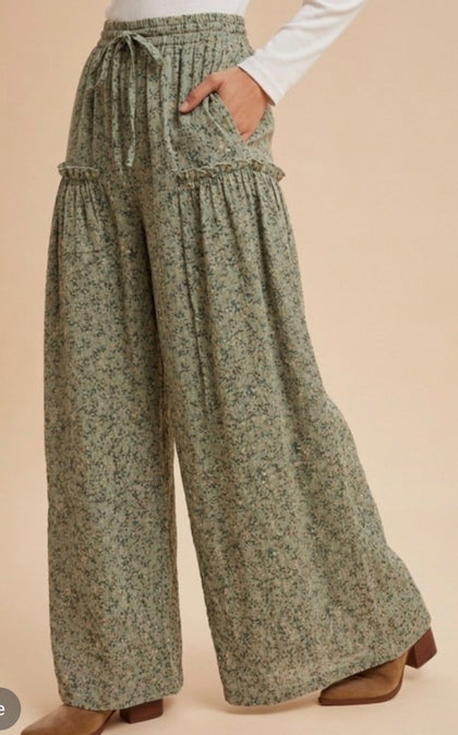 Olive Ruffle Wide Leg Pants