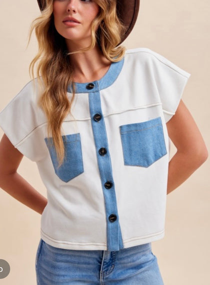 White/Denim Combo Button Up