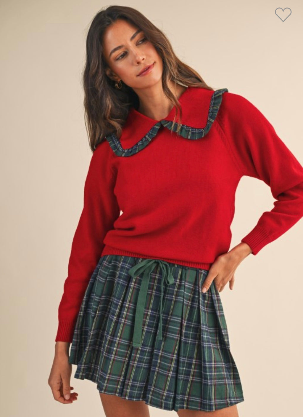 Red Plaid Trimmed Peter Pan Collar Sweater