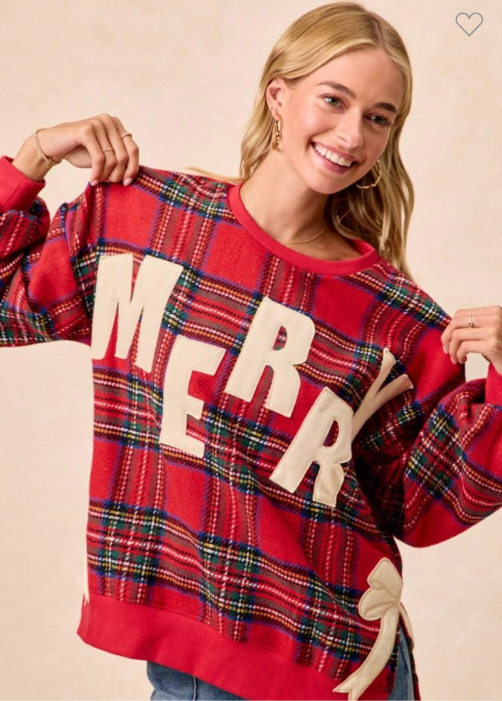 Plaid Merry Sweatshirt w/Bow Detail