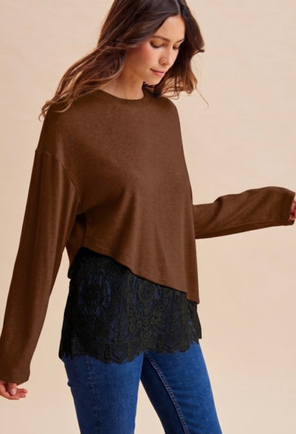 Brown Asymmetrical Lace Top