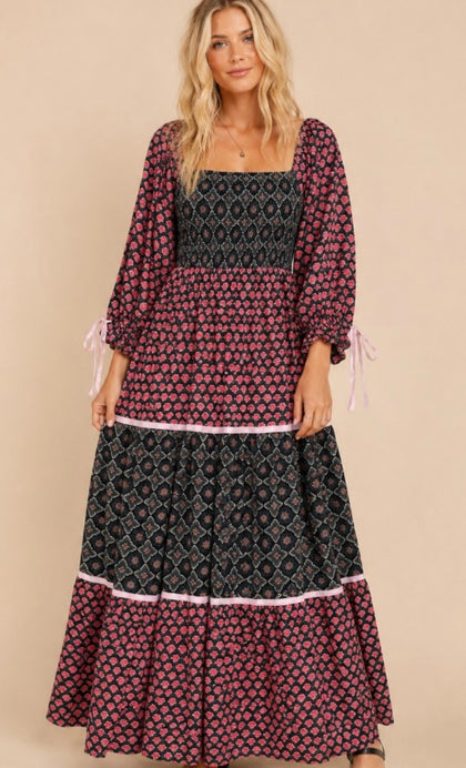 Navy/Pink Mixed Print Maxi