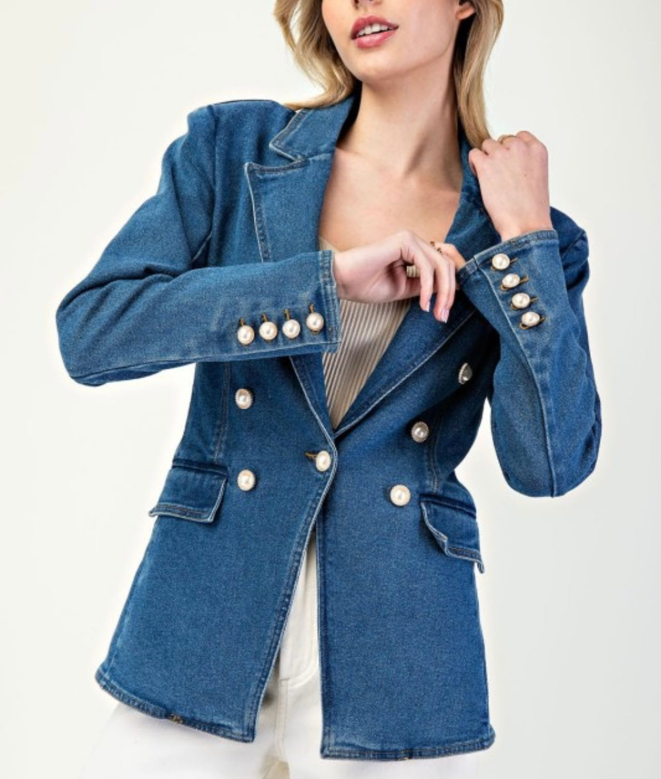 Denim Blazer with Pearl Buttons