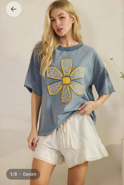Blue Floral Appliqué Top