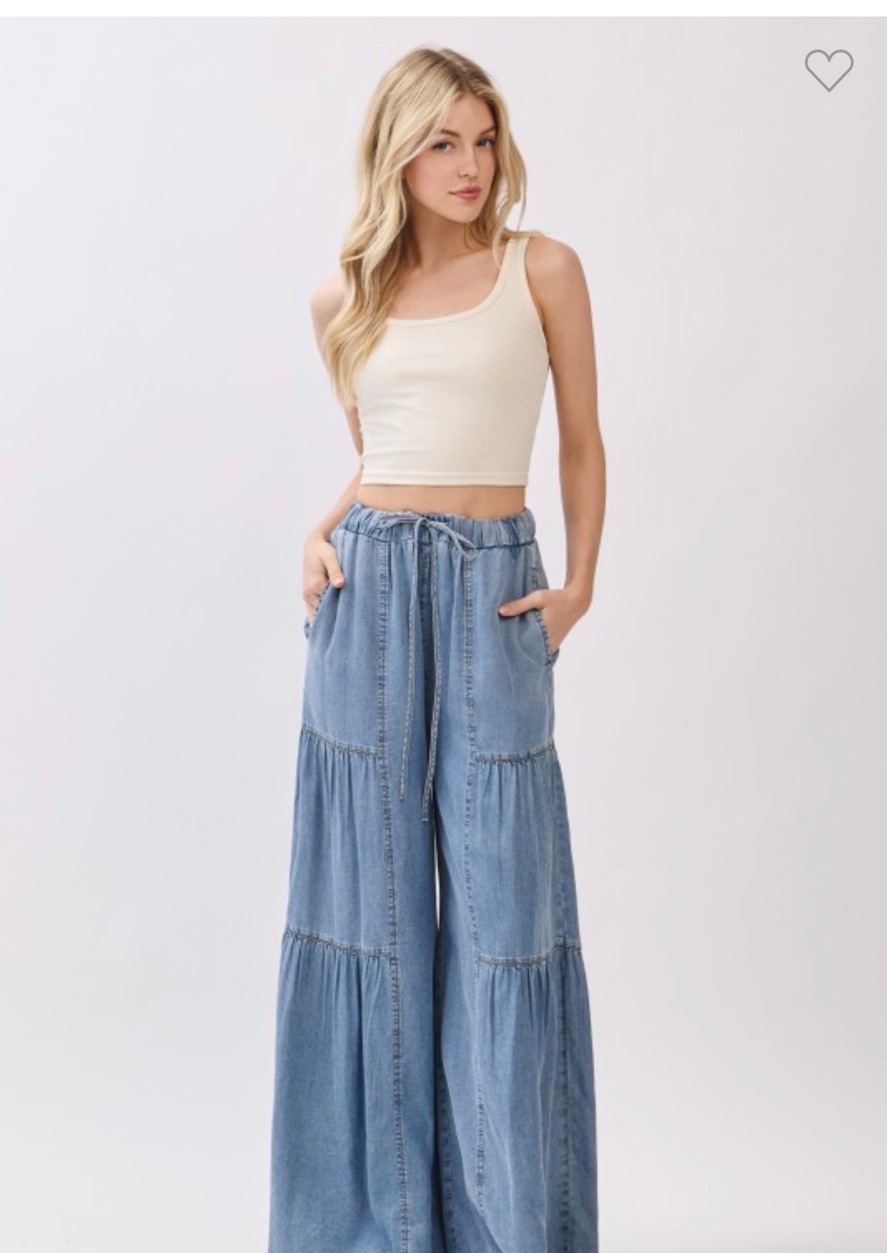 Denim Elastic Waist Tiered Pants