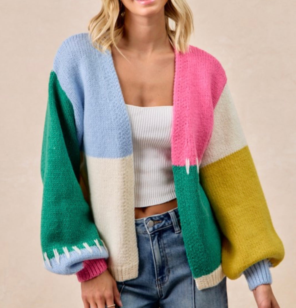 Green/Pink ColorBlock Cardigan