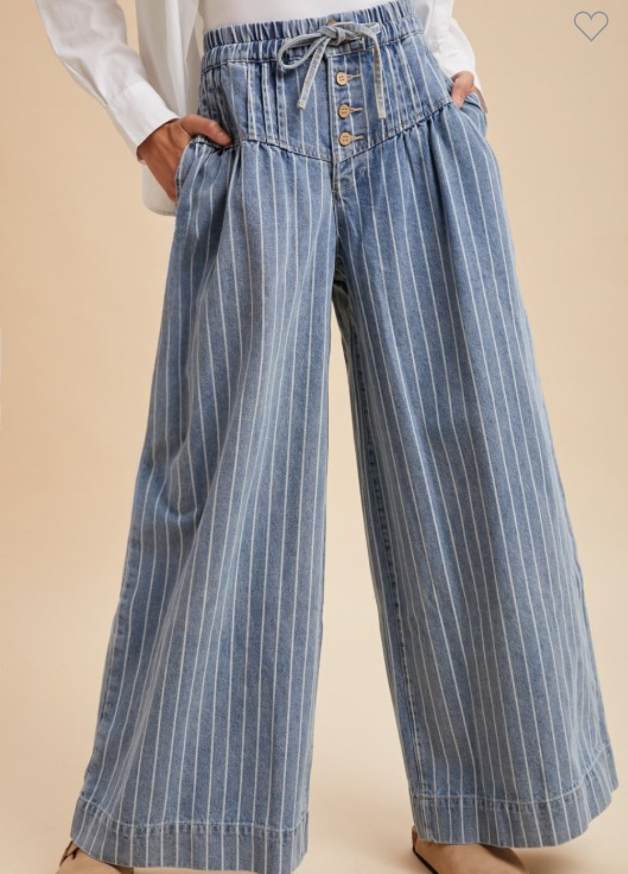 Striped Denim Pintuck Wide Leg Pants