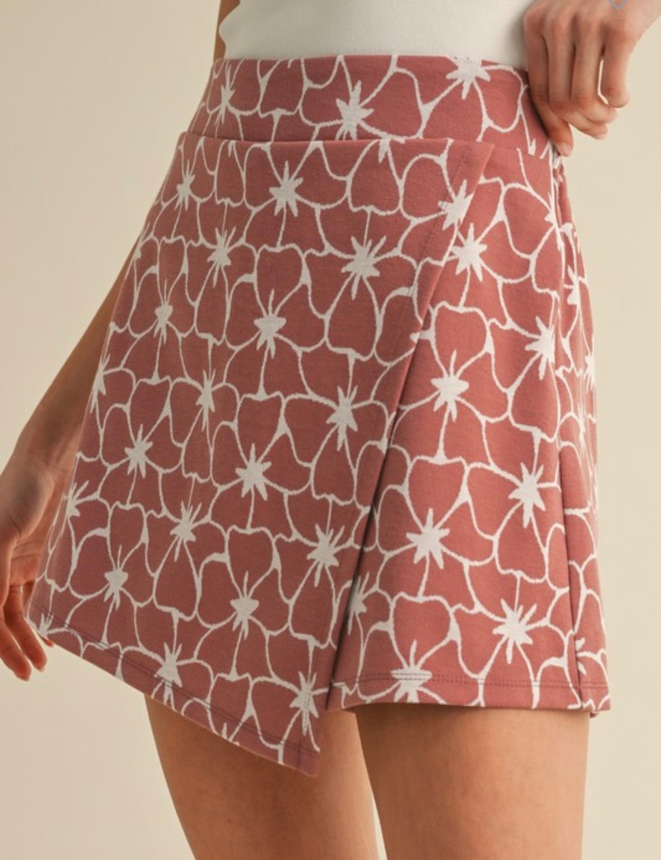 Red Floral Jacquard Faux Wrap Skort