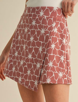 Red Floral Jacquard Faux Wrap Skort