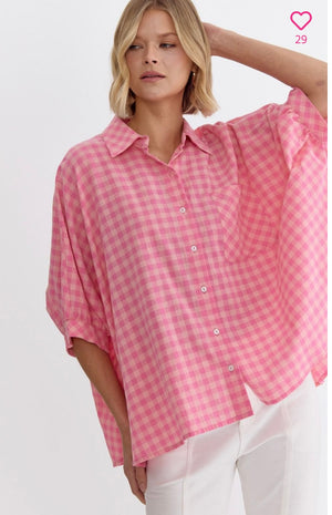 Pink Checkered Dolman Sleeve Button Up