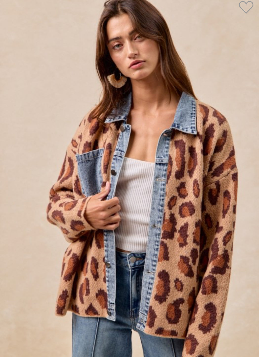 Washed Denim Leopard Cardigan