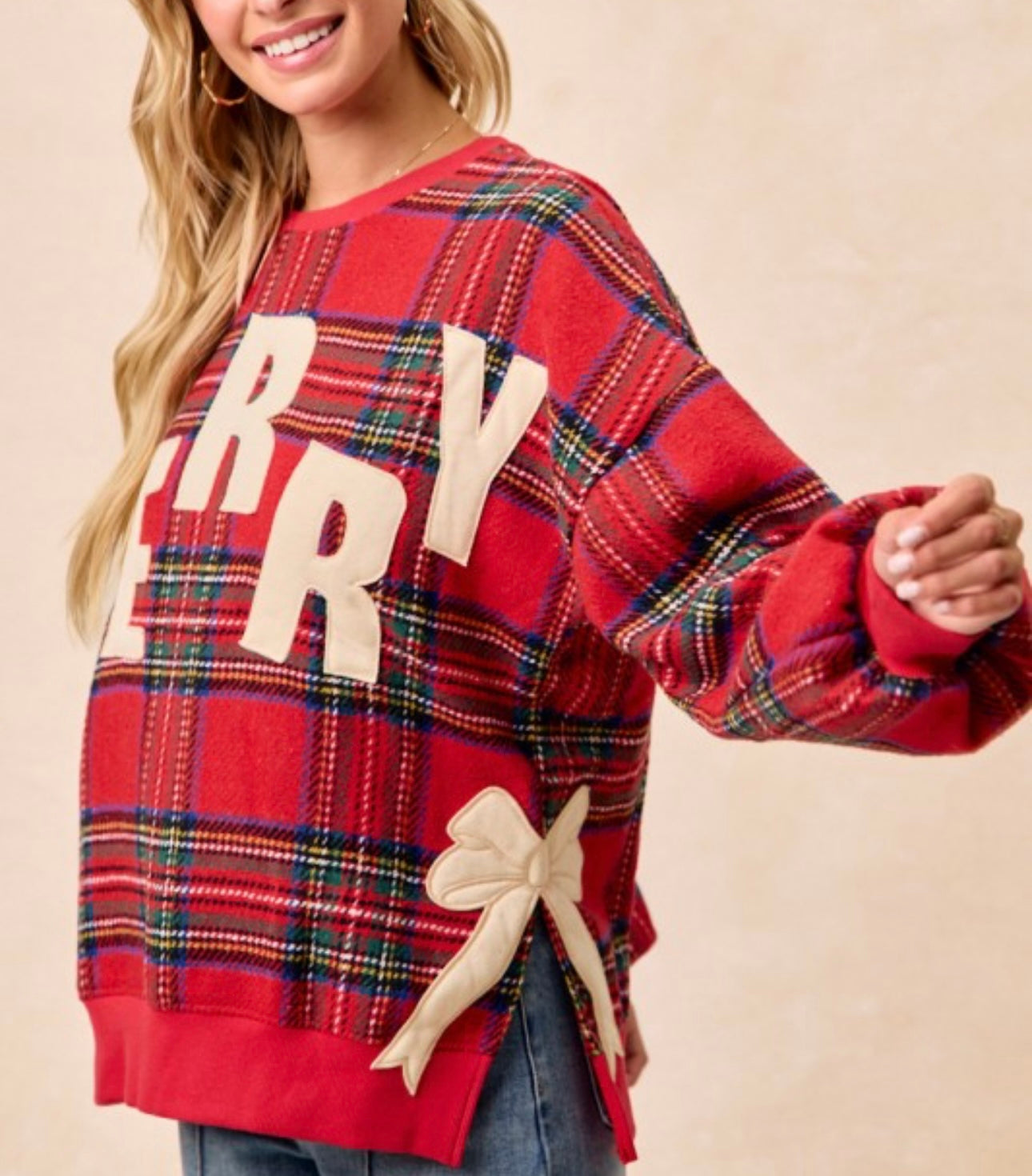 Plaid Merry Sweatshirt w/Bow Detail