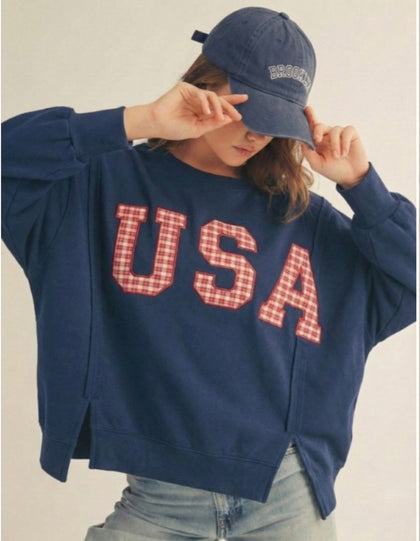 Navy Red Checkered USA Sweatshirt