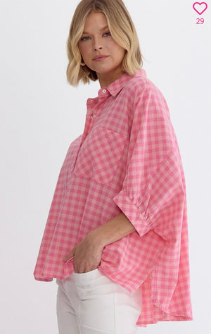 Pink Checkered Dolman Sleeve Button Up