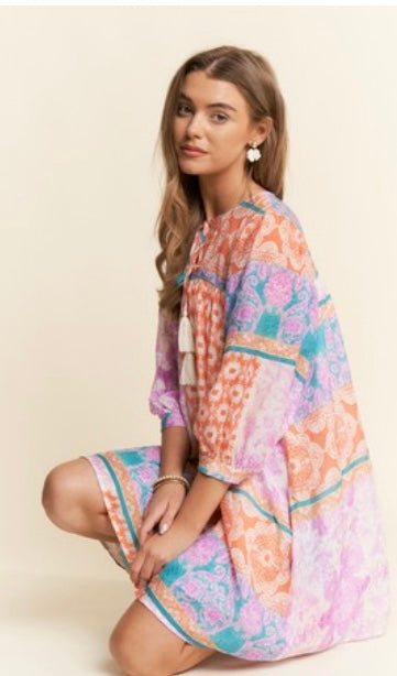 Pink / Orange Print Baby Doll Dress