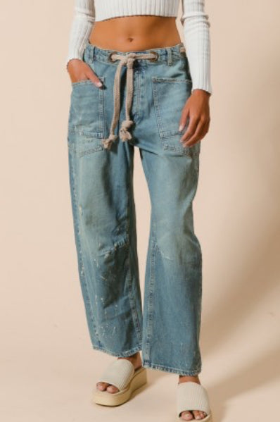 Faux Distressed Barrel Jeans