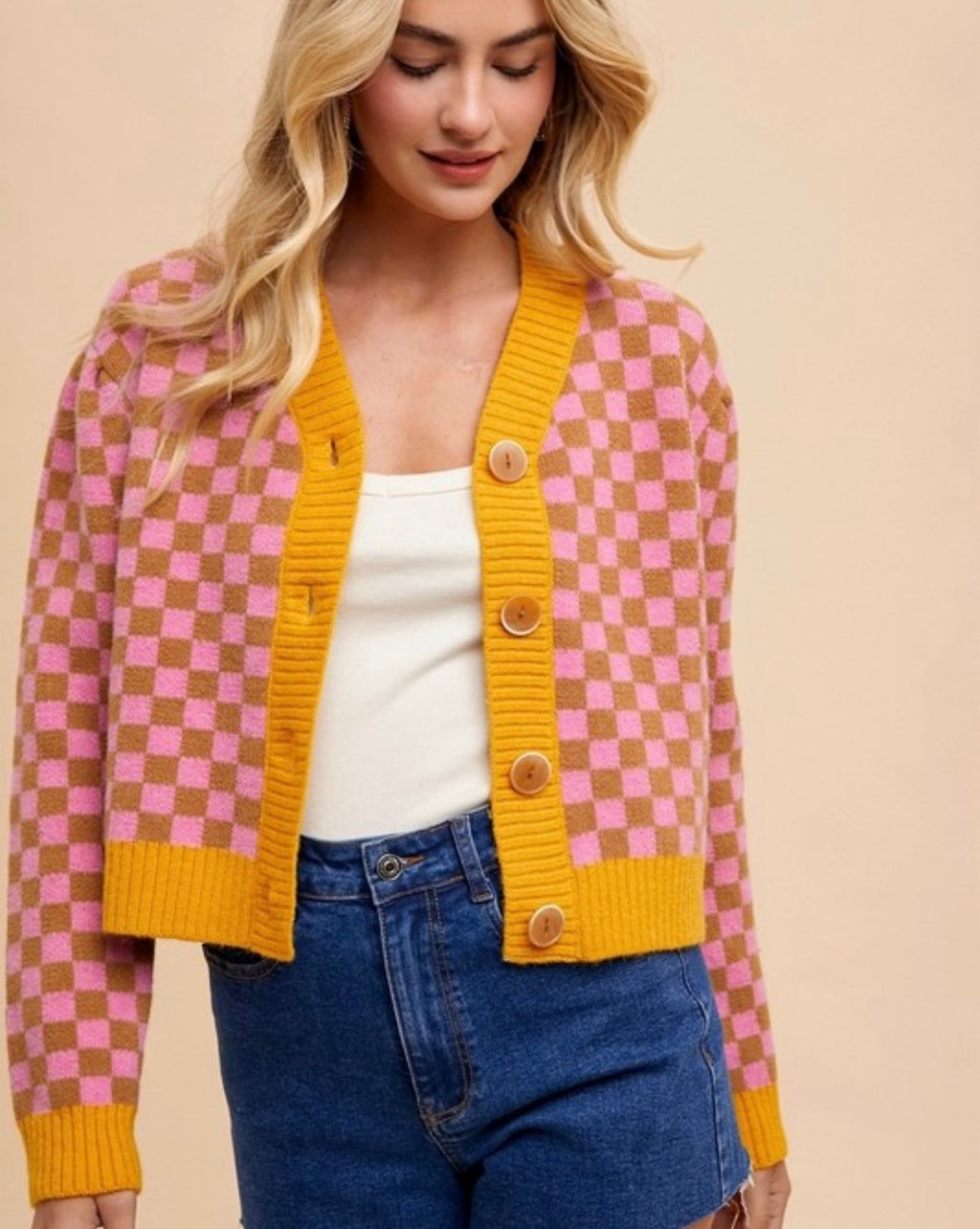 Pink / Mustard Checkered Cardigan