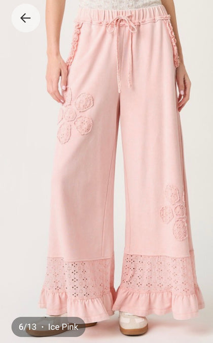 Floral Appliqué Ruffle Pants