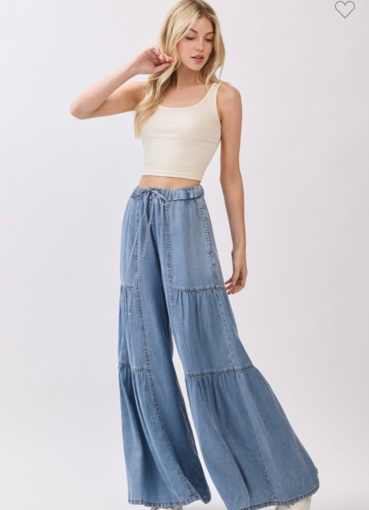 Denim Elastic Waist Tiered Pants