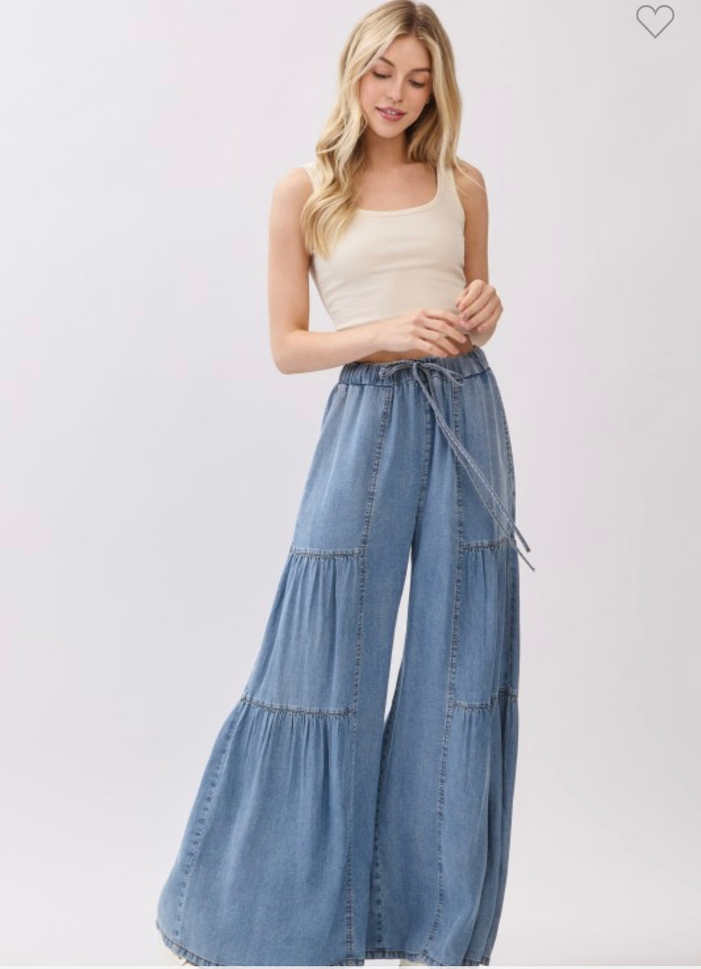 Denim Elastic Waist Tiered Pants