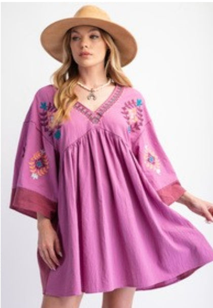 Purple Embroidered Kimono Sleeve Dress