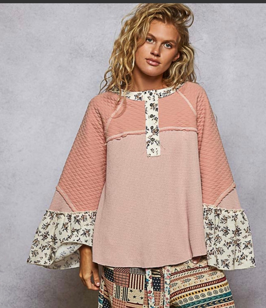 Quilted Print Bell Sleeve Top