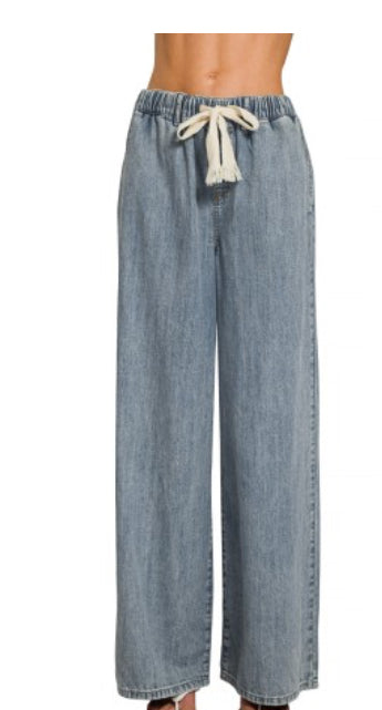 Medium Wash Elastic Waist Wide Leg