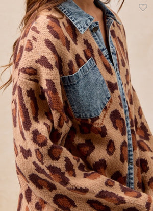 Washed Denim Leopard Cardigan