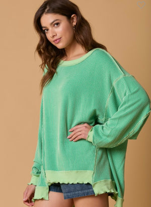 Green Ribbed Oversized Pullover