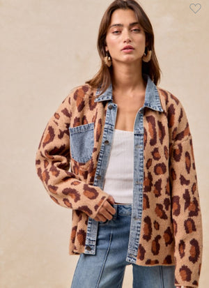 Washed Denim Leopard Cardigan