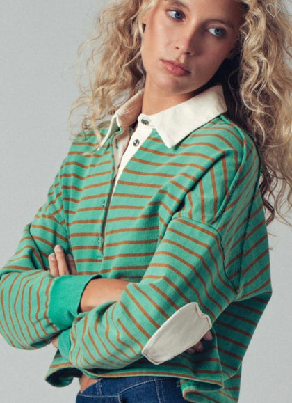 Green Brown Striped Elbow Patch Polo