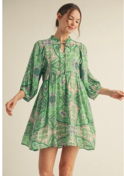 Green Paisley Boho Babydoll Dress