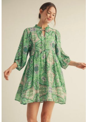 Green Paisley Boho Babydoll Dress