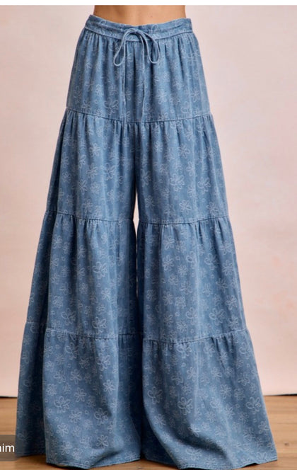Floral Embroidered Tiered Pants