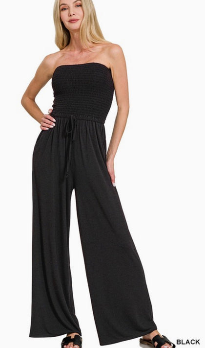 Black Smocked Tube Jumpsuit
