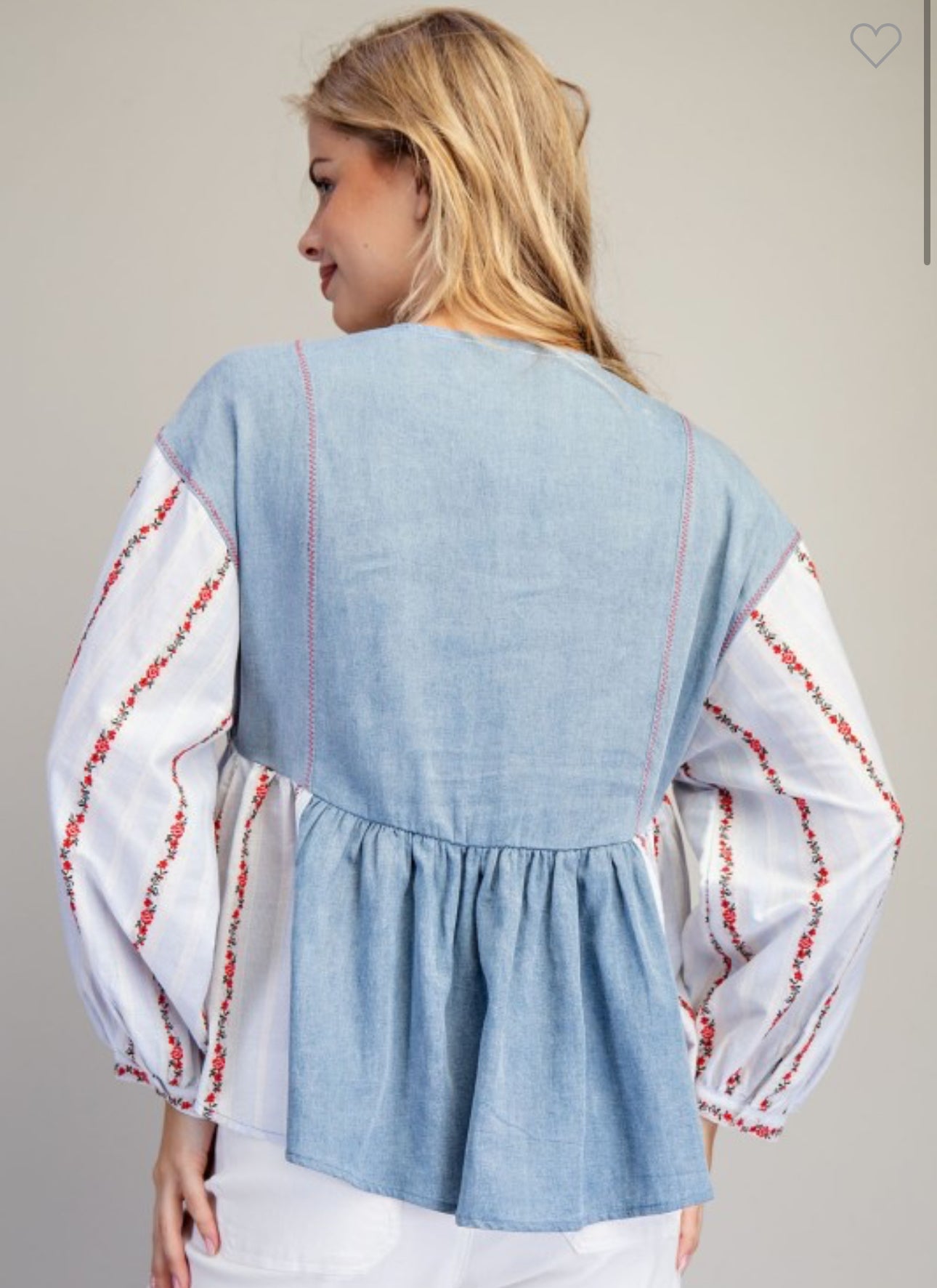Denim Embroidered Floral Peplum Top