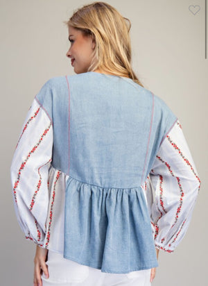 Denim Embroidered Floral Peplum Top