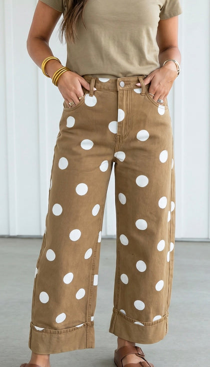 Polka Dot Cuffed Subtle Barrel Jeans (2 colors)