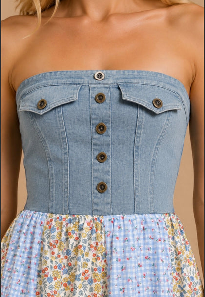 Denim Multi Print Tube Dress