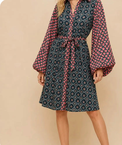 Navy/Pink Balloon Sleeve Midi