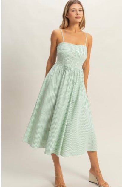Green/White Striped Midi Dress